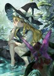 Rule 34 | barefoot, black skirt, black vest, blonde hair, braid, closed mouth, fairy, fairy wings, hair between eyes, hair ribbon, hat, head rest, highres, kirisame marisa, long hair, looking at viewer, momohana 3939, ribbon, shirt, short sleeves, sitting, skirt, smile, touhou, vest, wading, water, white shirt, wings, witch hat, yellow eyes