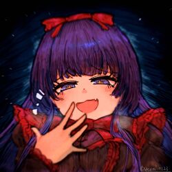 1girl black_background black_dress black_souls black_souls_2 blue_background blue_eyes blush bow bowtie dress fang fangs frilled_shirt frills hand_on_own_face laughing long_sleeves looking_at_viewer looking_down mabel_(black_souls) ojou-sama_pose open_mouth purple_hair red_bow red_bowtie shirt signature skin_fangs smile smug xun_lin_(pixiv_93392103)