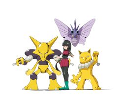 1girl alakazam black_hair blunt_bangs bodysuit bodysuit_under_clothes boots closed_mouth cropped_jacket frown gen_1_pokemon green_boots hashtag-only_commentary highres hypno jacket legs_together long_hair looking_at_viewer nintendo pokemon pokemon_(creature) pokemon_lgpe psaber97 sabrina_(pokemon) skirt standing venomoth white_background