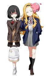 2girls =_= ^3^ alien animal animal_on_head backpack bag black_hair black_hairband black_skirt black_socks blazer blonde_hair blue_jacket bow bowtie brown_eyes brown_jacket brown_shoes brown_sweater collared_shirt dangdidangdi flower frown grey_skirt hairband hand_in_pocket highres holding holding_bag jacket kirarazaka_marina kuze_shizuka long_hair long_sleeves medium_skirt miniskirt multiple_girls neck_ribbon octopus on_head pink_flower pleated_skirt red_bow red_bowtie red_ribbon ribbon shirt shoes short_hair sidelocks skirt socks sweater takopii takopii_no_genzai white_background white_bag white_shirt white_shoes