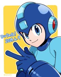 1boy blue_bodysuit blue_eyes blue_helmet bodysuit border commentary_request dated helmet male_focus mega_man_(character) mega_man_(classic) mega_man_(series) mega_man_day opuchi0930 smile solo translation_request upper_body white_border yellow_background