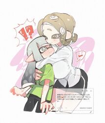 !? 2girls black_pants black_shorts blush breasts brown_eyes brown_hair closed_mouth commentary_request doro_mizu_831 green_shirt grey_eyes grey_hair hug inkling inkling_girl inkling_player_character large_breasts long_hair medium_hair multiple_girls nintendo octoling octoling_girl octoling_player_character pants shirt shorts splatoon_(series) splatoon_3 standing sweat t-shirt translation_request white_shirt yuri