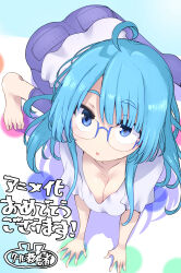 1girl ahoge all_fours barefoot blue-framed_eyewear blue_eyes blue_hair breasts cleavage collarbone cool-kyou_shinja denim from_above glasses highres jeans large_breasts long_hair looking_at_viewer looking_up pants parted_lips shade shiny_skin shirt shiunji-ke_no_kodomotachi shiunji_seiha short_sleeves sidelocks solo t-shirt translation_request twister wavy_hair white_shirt