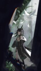 1girl absurdres animal arknights bare_shoulders bird black_hair black_jacket breasts chromatic_aberration closed_mouth colored_inner_hair dove emoji feathers green_eyes green_hair hashtag-only_commentary highres jacket looking_at_viewer medium_breasts medium_hair mon3tr_(arknights) multicolored_hair off_shoulder plant shikyou_yoru sideboob solo standing white_bird white_feathers
