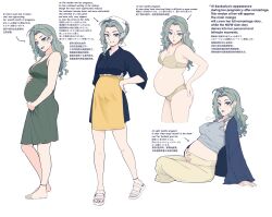 Rule 34 | :d, :o, anklet, apron, arm support, asymmetrical bangs, bandana, barefoot, beifeng han, blue eyes, bra, breasts, cardigan, chinese text, cleavage, commentary, covered erect nipples, dress, english commentary, english text, full body, green dress, green hair, grey tank top, hand on own hip, hand on own stomach, highres, japanese clothes, jewelry, kanburiya ki, long hair, looking at viewer, medium breasts, mixed-language text, multilingual text, open-toe shoes, open mouth, original, panties, pants, pregnant, reference sheet, sleeveless, sleeveless dress, smile, tank top, toes, underwear, wavy hair, white bandana, yellow apron, yellow bra, yellow panties, yellow pants
