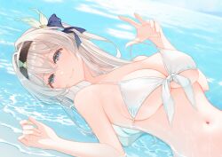 1girl alternate_costume bare_shoulders bikini black_hairband blush breasts cleavage closed_mouth collarbone devi_hendita firefly_(honkai:_star_rail) front-tie_bikini_top front-tie_top grey_hair hair_between_eyes hair_ornament hairband half-closed_eyes highres honkai:_star_rail honkai_(series) large_breasts long_hair looking_at_viewer lying navel on_back pink_eyes smile solo stomach swimsuit underboob water white_bikini