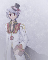 1boy black_coat black_hat book closed_mouth coat commentary_request cowboy_shot cross cross_necklace dated_commentary expressionless frilled_hat frills gold_trim grey_background grey_hair hat high_priest_(ragnarok_online) holding holding_book jewelry long_sleeves looking_at_viewer male_focus mini_hat mini_top_hat multicolored_coat necklace ragnarok_online red_coat red_eyes sharari short_hair snowing solo top_hat two-tone_coat white_coat