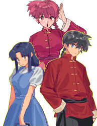 1boy 2girls :o absurdres ahoge arm_at_side arm_up belt belt_around_waist black_belt black_hair black_pants blouse blue_dress blue_eyes blue_hair braid braided_ponytail breasts brown_eyes chinese_clothes closed_mouth collared_jacket collared_shirt cowboy_shot dress dual_persona expressionless eyebrows_hidden_by_hair fuurinkan_high_school_uniform genderswap genderswap_(mtf) hair_between_eyes hair_flaps hand_in_pocket hand_on_own_head head_tilt high_collar highres holding jacket large_breasts long_eyelashes long_hair long_sidelocks long_sleeves looking_at_viewer low-tied_long_hair matheus_felipe medium_breasts multiple_girls open_hand pants parted_bangs parted_hair pink_belt pink_eyes pink_hair ponytail puffy_short_sleeves puffy_sleeves raised_eyebrows raised_inner_eyebrows ranma-chan ranma_1/2 red_eyes red_jacket saotome_ranma school_uniform shirt shirt_under_dress short_sleeves side-by-side sidelocks simple_background single_braid sleeveless sleeveless_dress standing straight-on tangzhuang tareme tendou_akane thick_eyelashes toggles upper_body v-shaped_eyebrows white_background white_shirt