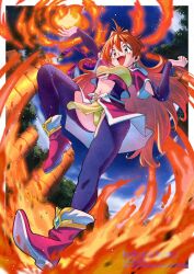 1girl arm_up artist_name boots border day earrings fang fire headband highres jewelry kukunokuno layered_sleeves lina_inverse long_hair long_sleeves magic navel open_mouth outdoors outside_border photoshop_(medium) red_eyes red_hair short_sleeves slayers solo watermark web_address white_border