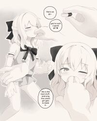 Rule 34 | 1boy, 1girl, age difference, armband, bow, closed eyes, commentary, crumbles, disembodied hand, dress, drugged, english commentary, english text, finger in another&#039;s mouth, frilled armband, frills, greyscale, hair bow, half updo, highres, monochrome, multiple views, original, pill, short dress, short hair, sleeveless, sleeveless dress, speech bubble