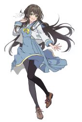 Rule 34 | 1girl, black hair, black pantyhose, blue dress, blush, bow, breasts, dress, full body, green eyes, hair bow, hair ribbon, highres, ichikawa haru, jacket, long hair, long sleeves, looking at viewer, open clothes, open jacket, open mouth, original, pantyhose, ribbon, simple background, smile, solo, white background, white bow