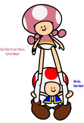 ._. 1boy 1girl arms_up black_eyes blue_vest blush blush_stickers brown_footwear closed_mouth dress english_text full_body happy laughing looking_at_another looking_down mario_(series) nintendo panties pigeon-toed pink_dress shoes short_dress simple_background sleeveless sleeveless_dress smile standing talking thighhighs toad_(mario) toadette underwear upskirt vest vilepluff what white_background white_panties white_thighhighs