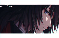 1boy absurdres black_hair border close-up closed_mouth commentary_request from_side highres kimetsu_no_yaiba looking_at_viewer male_focus medium_hair moxamog purple_eyes simple_background solo tomioka_giyuu white_background white_border