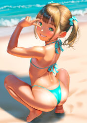 1girl ass back bare_arms bare_shoulders barefoot bikini blue_eyes brown_hair commentary_request day flat_chest grin hair_ornament hair_scrunchie highres loli looking_at_viewer ocean original outdoors scrunchie short_twintails shoulder_blades smile solo squatting swimsuit tan tanline teeth thighs twintails uzuki_mei