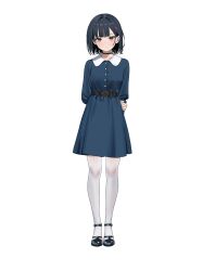 Rule 34 | 1girl, absurdres, arms behind back, belt, blue dress, breasts, brown eyes, chinese commentary, commentary request, dress, high heels, highres, jiang qian xiao, looking at viewer, medium hair, original, pantyhose, small breasts, solo, standing, white background, white pantyhose