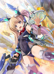 Rule 34 | 1girl, animal ears, armored bodysuit, blonde hair, boots, breasts, bunny day, cameltoe, covered navel, cowboy shot, hair ornament, highres, holding, holding tray, holding weapon, komatsu eiji, leotard, one-piece swimsuit, open mouth, original, playboy bunny, playboy bunny swimsuit, rabbit ears, red ribbon, ribbon, small breasts, smile, solo, swimsuit, thighhighs, thighhighs under boots, tray, twintails, weapon