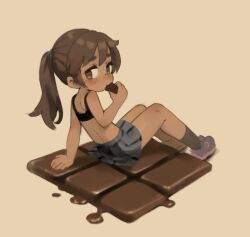 Rule 34 | 1girl, arm support, black bra, black socks, blush, bra, brown eyes, brown hair, candy, chocolate, eating, female focus, from behind, grey skirt, holding candy, holding food, kneehighs, knees up, looking at viewer, looking back, medium hair, no shirt, original, paid reward available, pleated skirt, ponytail, qtkat, simple background, sitting, skirt, socks, solo, underwear, yellow background