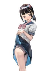 1girl absurdres ass bare_shoulders black_hair blue_skirt blush bow bowtie breasts brown_eyes clothes_lift collared_shirt emutsuichi highres long_hair looking_at_viewer one-piece_swimsuit open_mouth original pink_bow pink_bowtie pleated_skirt school_swimsuit school_uniform shirt short_sleeves simple_background skirt skirt_lift small_breasts smile solo swimsuit swimsuit_under_clothes teeth white_background white_shirt