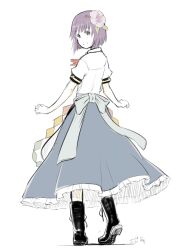 Rule 34 | 1girl, black boots, blue skirt, blush, boots, closed mouth, cosplay, dated, flower, frilled skirt, frills, full body, hair flower, hair ornament, hieda no akyuu, highres, hinanawi tenshi, hinanawi tenshi (cosplay), kawashina (momen silicon), looking at viewer, looking back, pink flower, purple eyes, purple hair, shirt, short hair, short sleeves, simple background, skirt, solo, touhou, white background, white shirt