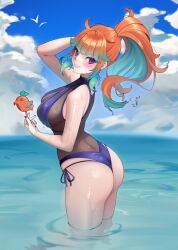 1girl ahoge arm_up ass bikini blue_one-piece_swimsuit blunt_bangs blush breasts colored_inner_hair commentary earrings feather_earrings feathers fingernails food from_side gradient_hair green_hair hair_flaps hand_in_own_hair high_ponytail highres holding holding_food holding_ice_cream hololive hololive_english hyafumi ice_cream jewelry kotori_(takanashi_kiara) large_breasts long_hair looking_at_viewer multicolored_hair official_alternate_costume one-piece_swimsuit orange_hair perfume_(takanashi_kiara) ponytail purple_eyes purple_nails see-through_clothes see-through_one-piece_swimsuit side-tie_bikini_bottom sidelocks sky smile solo standing swimsuit takanashi_kiara teeth thighs two-tone_hair virtual_youtuber wading water wet wet_hair