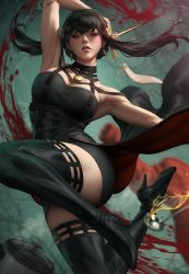 1girl arm_behind_head arm_up armpits black_hair black_thighhighs blood bloody_weapon boots breasts commentary dagger dress earrings english_commentary floating_hair floral_print flower gold_earrings gold_hairband green_background hair_flower hair_ornament hairband high_heel_boots high_heels highres holding holding_dagger holding_knife holding_weapon jewelry knife ladle large_breasts lips looking_at_viewer nail_polish parted_lips pot red_eyes red_nails rose rose_print short_hair_with_long_locks sidelocks solo spikes spy_x_family stanley_lau stiletto_(weapon) thigh_boots thighhighs thighs two-sided_dress two-sided_fabric weapon yor_briar
