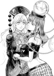 breasts chinese_clothes crescent_print dalachi_(headdress) earth_(ornament) gonglijeongli hecatia_lapislazuli highres junko_(touhou) long_hair long_sleeves medium_breasts midriff moon_(ornament) off-shoulder_shirt off_shoulder plaid_clothes plaid_skirt pom_pom_(clothes) shirt short_sleeves skirt tabard tassel touhou underworld_(ornament) very_long_hair wide_sleeves