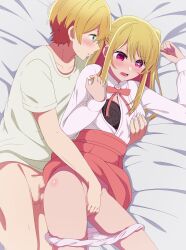 1boy 1girl absurdres artist_name black_bra blonde_hair blue_eyes blush bra brother_and_sister censored collarbone collared_shirt commentary english_commentary eufoniuz fingering grabbing_another&#039;s_breast grabbing_from_behind groping hair_between_eyes hetero highres hoshino_aquamarine hoshino_ruby incest lace lace_bra long_hair long_sleeves mosaic_censoring neck_ribbon one_side_up oshi_no_ko paid_reward_available panties panty_pull penis pink_eyes pink_ribbon revision ribbon shirt short_hair short_sleeves siblings sidelocks star-shaped_pupils star_(symbol) swept_bangs symbol-shaped_pupils t-shirt testicles twincest twins underwear watermark white_panties white_shirt