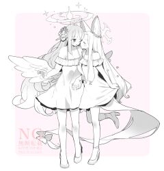 2girls animal_ears blue_archive commentary_request dress full_body greyscale hair_bun halo highres long_hair mika_(blue_archive) monochrome multiple_girls one_eye_closed open_mouth pink_background seia_(blue_archive) shoes single_hair_bun sleeveless sleeveless_dress standing standing_on_one_leg tail wings yun_(dust-i1) yuri