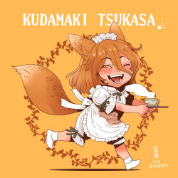 1girl alternate_costume animal_ears apron brown_eyes brown_hair character_name commentary_request cup enmaided fox_ears fox_girl fox_tail full_body green_ribbon hair_between_eyes holding holding_tray kudamaki_tsukasa long_bangs maid maid_apron maid_headdress neck_ribbon one_eye_closed onikobe_rin open_mouth orange_background puffy_short_sleeves puffy_sleeves ribbon romper running short_hair short_sleeves simple_background sleeve_ribbon smile socks solo tail teacup touhou tray white_apron white_romper white_socks
