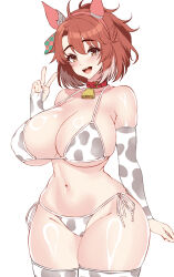 Rule 34 | 1girl, ahoge, alternate costume, animal ears, animal print, bare shoulders, bell, belt, belt collar, bikini, breasts, brown eyes, brown hair, choker, cleavage, collar, colored tips, commentary request, cow print, cow print bikini, cow print sleeves, cow print thighhighs, cowbell, dantsu flame (umamusume), ear covers, ear ornament, groin, highres, horse ears, horse girl, horse tail, large breasts, looking at viewer, multicolored hair, neck bell, print bikini, print thighhighs, red belt, red choker, shiny skin, side-tie bikini bottom, simple background, solo, streaked hair, swimsuit, tail, thighhighs, umamusume, volyz, white background