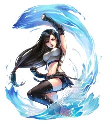 1girl absurdres arm_up armpits artist_name bike_shorts_under_skirt black_gloves black_hair black_skirt black_sports_bra black_thighhighs boots breasts clenched_hands closed_mouth commentary crop_top dolphin earrings english_commentary feet_out_of_frame fighting_stance final_fantasy final_fantasy_vii final_fantasy_vii_rebirth final_fantasy_vii_remake fingerless_gloves floating_hair gloves highres hollypolllyy jewelry knee_up large_breasts long_hair looking_at_viewer low-tied_long_hair midriff navel red_boots red_eyes red_lips signature single_arm_guard skirt smile solo sports_bra suspender_skirt suspenders tank_top thighhighs tifa_lockhart uppercut very_long_hair water watermark white_tank_top
