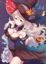 1girl absurdres black_dress black_hat breasts cleavage closed_mouth commentary_request corrin_(female)_(fire_emblem) corrin_(fire_emblem) cupcake detached_collar detached_sleeves dress fire_emblem fire_emblem_fates floating floating_hair food food_on_face grey_hair hair_between_eyes halloween halloween_costume hat highres karashino long_hair looking_at_viewer medium_breasts nintendo official_alternate_costume red_eyes slit_pupils smile solo strapless strapless_dress thighs tongue tongue_out twitter_username very_long_hair wavy_hair witch witch_hat