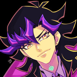 1boy ai_(yu-gi-oh!) alternate_form black_background black_hair blonde_hair closed_mouth commentary_request earrings hair_between_eyes jewelry long_hair looking_at_viewer male_focus multicolored_hair pomiwo purple_hair smile solo yu-gi-oh! yu-gi-oh!_vrains