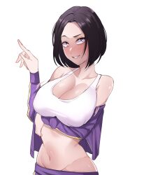 1girl black_hair blush breasts cleavage covered_erect_nipples highres hip_bones kortoon large_breasts lipstick lookism makeup navel park_bokyung pointing purple_eyes removing_jacket short_hair simple_background smile sweatdrop white_background