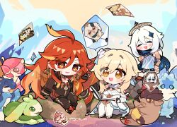 3girls ahoge arm_guards bare_shoulders biker_clothes bikesuit black_gloves black_jacket black_suit blonde_hair bodysuit boots chibi chibi_only chinese_commentary closed_eyes creature cropped_jacket day detached_collar dress earrings floating flower formal_clothes friends genshin_impact gloves hair_between_eyes hair_flower hair_ornament halo hands_up happy headpiece high_collar highres holding huge_ahoge iktomisaurus_(genshin_impact) jacket jewelry knee_boots knee_up koholasaurus_(genshin_impact) kyou_039 leather leather_jacket leather_suit long_hair long_sleeves looking_at_viewer lumine_(genshin_impact) mavuika_(genshin_impact) multicolored_hair multiple_girls open_mouth orange_eyes outdoors paimon_(genshin_impact) partially_unzipped qucusaurus_(genshin_impact) red_eyes red_hair scarf short_dress short_hair sitting star_(symbol) star_hair_ornament streaked_hair suit tepetlisaurus_(genshin_impact) wavy_hair white_dress white_flower white_footwear white_hair white_scarf wide_sleeves yumkasaurus_(genshin_impact)