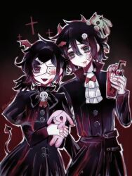 :3 :d andrew_graves anmo418 ascot ashley_graves bags_under_eyes bandage_on_cheek bat_wings black_background black_bow black_capelet black_coat black_dress black_hair blood blood_drip blood_in_cup blood_in_mouth blood_on_clothes blood_on_face bone_hair_ornament bow brother_and_sister button_eyes buttons capelet coat collared_coat cowboy_shot cross cup demon_horns demon_tail dress drinking_straw eyeball eyepatch fang film_grain glass goth_fashion gradient_background green_eyes hair_between_eyes hair_intakes hair_ornament hand_in_pocket hand_up head_wings highres holding holding_cup holding_stuffed_toy horns large_buttons long_sleeves looking_at_viewer low_ponytail low_side_ponytail medical_eyepatch messy_hair open_mouth outline pale_skin parted_bangs pink_eyes ponytail popped_collar raised_eyebrows red_background siblings sidelocks skull_hair_ornament skull_ornament smile stuffed_animal stuffed_rabbit stuffed_toy tail the_coffin_of_andy_and_leyley twitter_username v-shaped_eyebrows white_outline wings