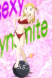 1girl absurdres anime_screenshot barefoot bikini blonde_hair bomb breasts digimon digimon_frontier explosive female_focus hand_on_own_hip highres long_hair medium_breasts open_mouth orimoto_izumi red_bikini solo stitched swimsuit third-party_edit toei_animation