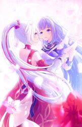 Rule 34 | 2girls, blue eyes, commentary, dancing, dress, flower, high ponytail, highres, holding hands, honkai (series), honkai impact 3rd, kiana kaslana, long hair, multicolored hair, multiple girls, ponytail, purple eyes, purple hair, raiden mei, raiden mei (apho), red dress, red hair, smile, snowpix, streaked hair, symbol-only commentary, two-tone hair, very long hair, white hair, yuri