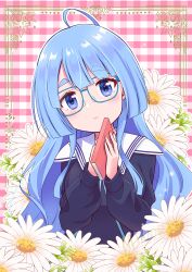 1girl absurdres ahoge blue_eyes blue_hair blunt_bangs book closed_mouth flower glasses head_tilt highres holding holding_book long_hair long_sleeves midodo-12 plaid_background school_uniform shiunji-ke_no_kodomotachi shiunji_seiha thick_eyebrows white_flower