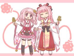 2girls :d bad_id bad_twitter_id bell bike_shorts black_shorts blunt_bangs blush border bow braid closed_eyes closed_mouth facing_viewer flower frilled_skirt frills full_body hair_bell hair_ornament hair_ribbon hakama hakama_skirt high_ponytail holding holding_hands japanese_clothes jingle_bell kimono kneehighs long_hair long_sleeves magia_record:_mahou_shoujo_madoka_magica_gaiden magical_girl mahou_shoujo_madoka_magica medium_hair miko multiple_girls official_alternate_costume open_mouth pink_eyes pink_hair pink_skirt pleated_skirt ponytail red_bow red_hakama red_ribbon red_skirt reverse_(bluefencer) ribbon ribbon-trimmed_sleeves ribbon_trim sandals shorts shorts_under_skirt siblings side-by-side side_braids sidelocks sisters skirt smile socks standing tamaki_iroha tamaki_iroha_(miko_ver.) tamaki_ui tamaki_ui_(miko_ver.) tassel twin_braids waist_bow white_background white_kimono white_sleeves wide_sleeves
