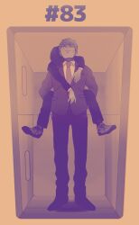 2boys 2tenset blazer breast_press business_suit carrying closed_mouth collared_jacket collared_shirt commentary_request dress_pants dress_shoes formal_clothes frown full_body furrowed_brow gakuran greyscale_with_colored_background height_difference in_container in_refrigerator jacket kageyama_shigeo lapels layered_sleeves long_sleeves male_focus mob_psycho_100 multiple_boys necktie notched_lapels pants piggyback pocket refrigerator reigen_arataka school_uniform shirt shoes short_hair simple_background socks standing straight-on suit sweatdrop yellow_background
