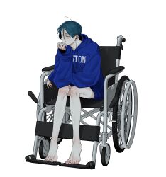 1boy absurdres alternate_costume barefoot blue_hair blue_hoodie clothes_writing commentary_request full_body hair_between_eyes hand_on_own_chin hand_up highres hood hood_down hoodie long_sleeves looking_at_viewer maelo male_focus meguriya_ayumu no_pants short_hair simple_background sitting smile solo toshi_densetsu_kaitai_center wheelchair white_background