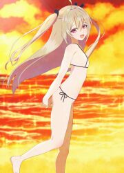 Rule 34 | 1girl, :d, adversarial noise, ahoge, alternate costume, armpit crease, arms behind back, atri, atri-my dear moments-, bare legs, barefoot, bikini, black ribbon, breasts, brown hair, commentary request, floating hair, foot out of frame, from side, hair between eyes, hair intakes, hair ribbon, happy, highres, long hair, looking at viewer, mrkms612, ocean, open mouth, orange sky, outdoors, own hands together, red eyes, ribbon, side-tie bikini bottom, sky, small breasts, smile, solo, standing, standing on one leg, sunset, swimsuit, two side up, v arms, very long hair, white bikini, wind