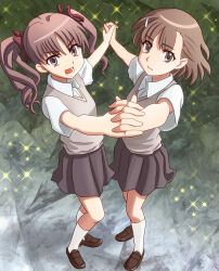10s 2010 2girls bow brown_eyes brown_footwear brown_hair brown_sweater_vest chunpai collared_shirt full_body grey_skirt hair_bow hair_ornament hairclip holding_hands long_hair looking_at_viewer matching_hair/eyes miniskirt misaka_mikoto multiple_girls open_mouth red_bow school_uniform shirai_kuroko shirt shoes short_hair skirt socks standing summer_uniform sweater_vest thighs toaru_kagaku_no_railgun toaru_majutsu_no_index tokiwadai_school_uniform white_shirt white_socks