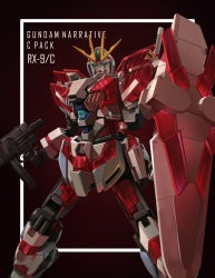 absurdres beam_rifle black_background brayanong999 energy_gun green_eyes gun gundam gundam_narrative highres holding holding_gun holding_shield holding_weapon mecha narrative_gundam no_humans nt-d robot shield solo v-fin weapon