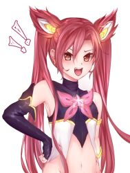 ! !! 1girl annoyed arm_at_side armlet asymmetrical_gloves bare_shoulders black_gloves black_shirt blush bow cropped_shirt dot_nose elbow_gloves embarrassed eyebrows_hidden_by_hair eyelashes female_focus fingerless_gloves flat_chest gloves hand_on_own_hip jewelry jinx_(league_of_legends) league_of_legends long_hair looking_at_viewer magical_girl matching_hair/eyes meemz_a navel official_alternate_costume open_mouth red_bow red_eyes red_hair shirt simple_background skinny sleeveless sleeveless_shirt smile solo star_guardian_(league_of_legends) star_guardian_jinx teeth tsundere twintails two-tone_shirt upper_body upper_teeth_only very_long_hair white_background white_gloves white_shirt