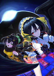 Rule 34 | 2girls, absurdres, ahoge, black hair, black scarf, blush, breasts, detached sleeves, dress, duel monster, fiendsmith engraver, forehead protector, frilled dress, frilled hairband, frilled sleeves, frills, green eyes, hair between eyes, hairband, highres, large breasts, looking at another, moon, multiple girls, ninja, open mouth, ponytail, puffy short sleeves, puffy sleeves, red eyes, s-force rappa chiyomaru, s:p little knight, scarf, shirt, short hair, short sleeves, sleeveless, sleeveless shirt, triangle del, underworld goddess of the closed world, upper body, yu-gi-oh!