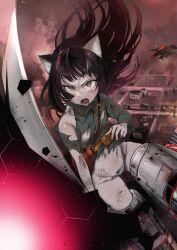 1girl angry animal_ears aohashi_ame black_hair cat_ears cat_girl destruction flying highres holding holding_sword holding_weapon imperial_japanese_army injury katana long_hair neuroi no_pants open_mouth original panties second-party_source striker_unit sword tail torn_clothes underwear weapon white_panties world_witches_series yellow_eyes