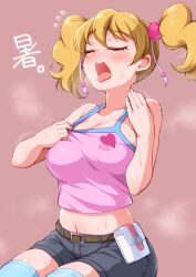 1girl aqua_thighhighs arakawa_tarou breasts brown_background cleavage fresh_precure! hair_ornament heart heart_hair_ornament highres hot large_breasts long_hair momozono_love open_mouth pink_tank_top precure shorts sitting solo tank_top thighhighs twintails wrist_cuffs
