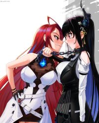 2girls ahoge black_gloves black_hair black_horns black_vest blue_fire blue_hair blush breasts cahryos chain collar colored_inner_hair dress elizabeth_rose_bloodflame elizabeth_rose_bloodflame_(1st_costume) face-to-face fire fire_on_chest gloves hand_on_own_hip highres hololive hololive_english horns large_breasts long_hair long_sleeves looking_at_another multicolored_hair multiple_girls nerissa_ravencroft nerissa_ravencroft_(1st_costume) red_eyes red_hair shirt single_glove vest virtual_youtuber white_dress white_shirt wide-eyed yuri